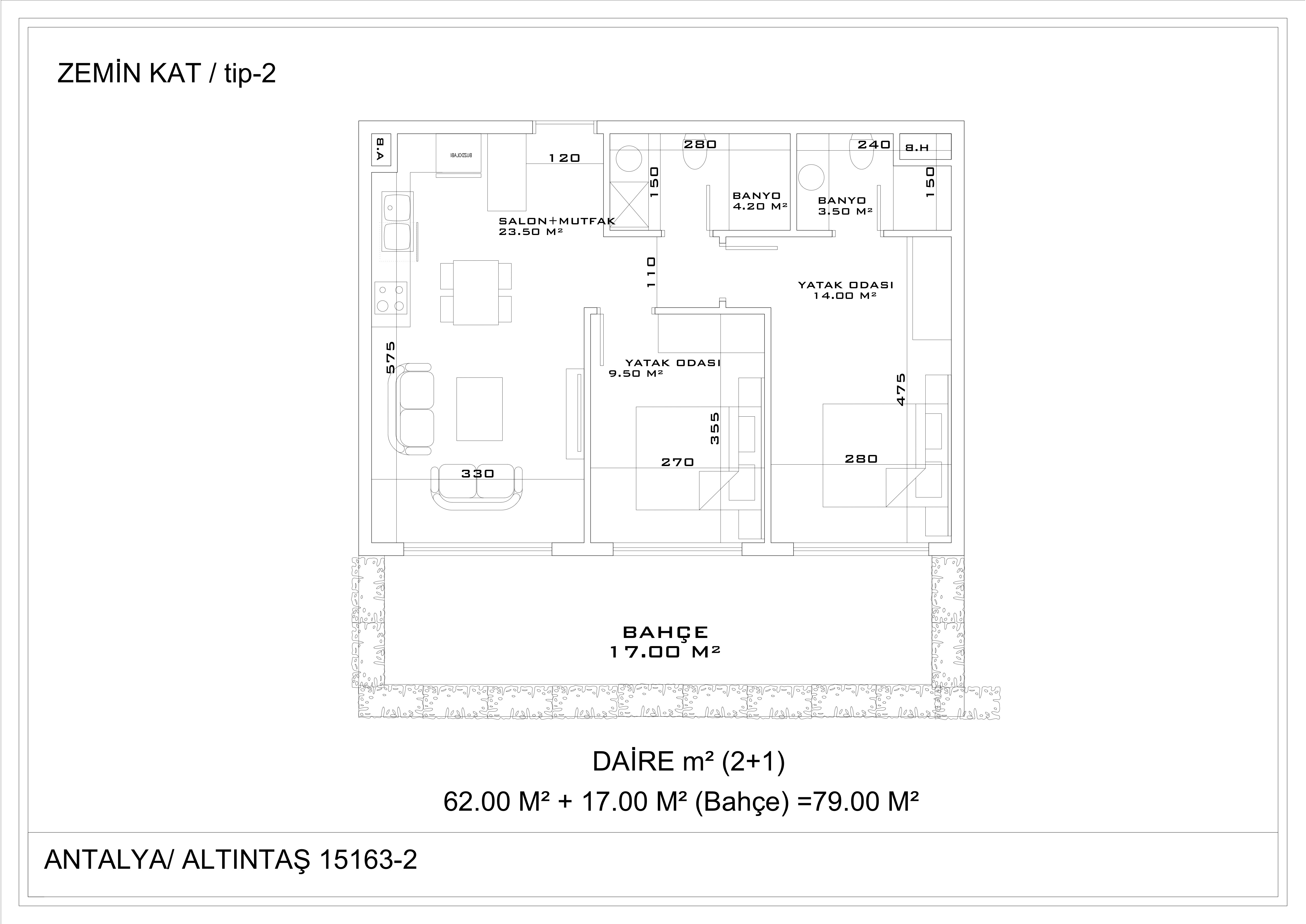 Апартаменты 2+1 в Алтынташе, жилая площадь 79м2, общая с террасой - 120м2